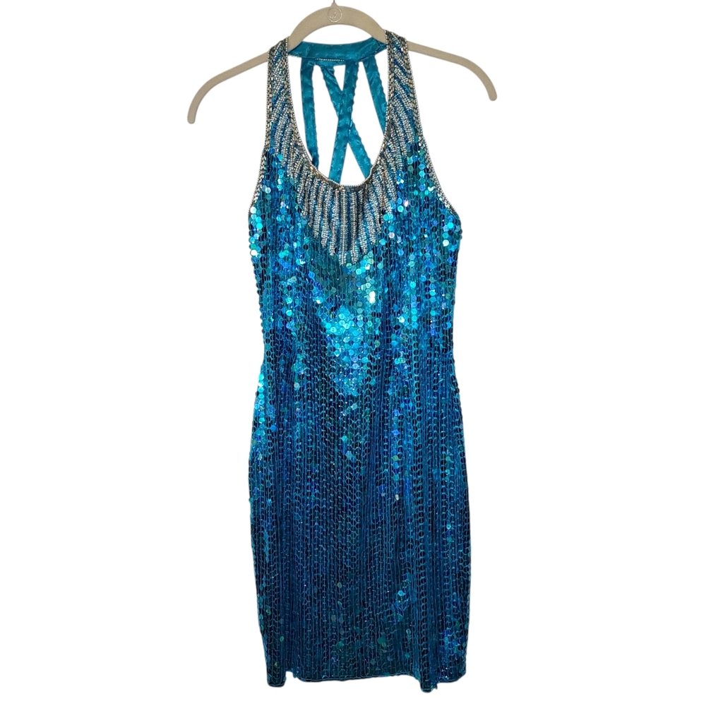 Vintage Niteline Della Roufogali Mermaid Blue Sequin Halter Dress | Size 10/Med
